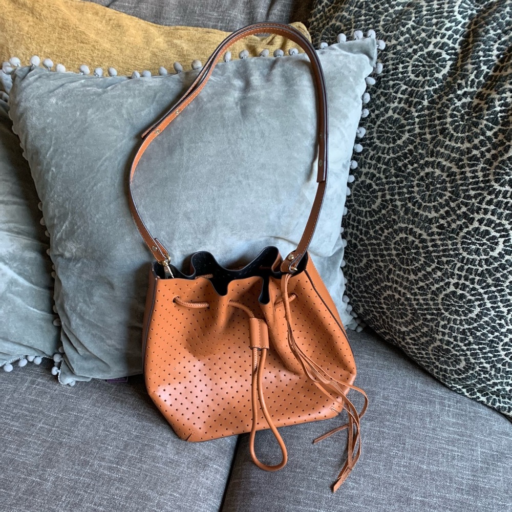 REBECCA MINKOFF TAN LEATHER STAR PERFORATED BUCKET BAG